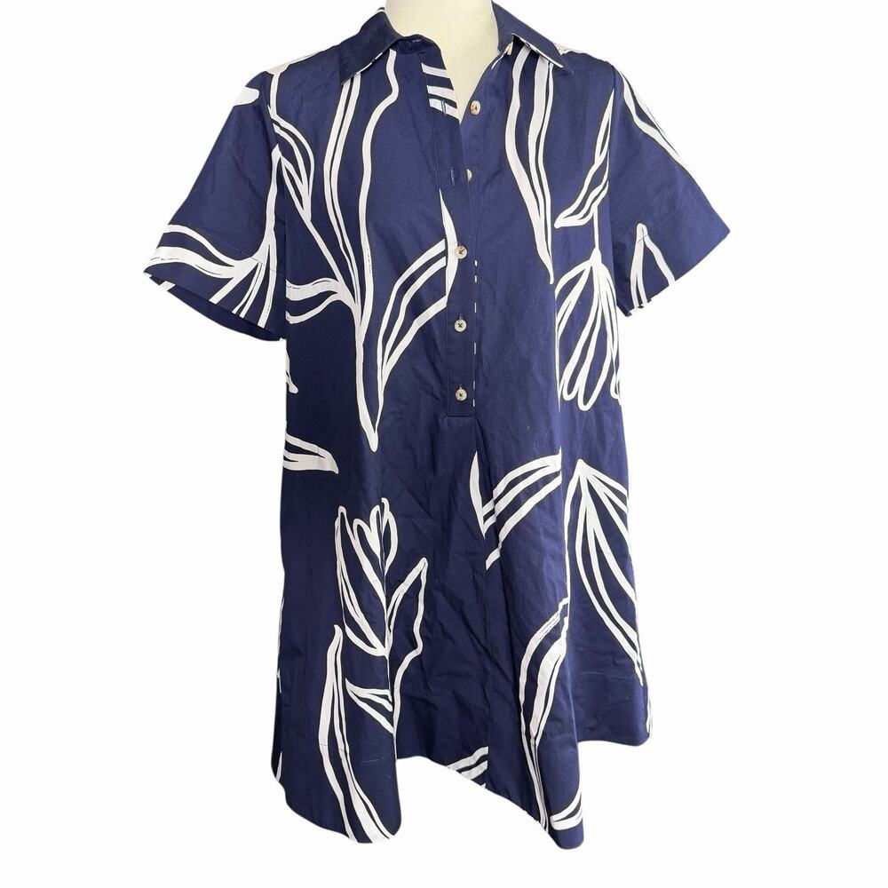 Anthropologie Navy Mini Shirt Dress with White Leaf Motif